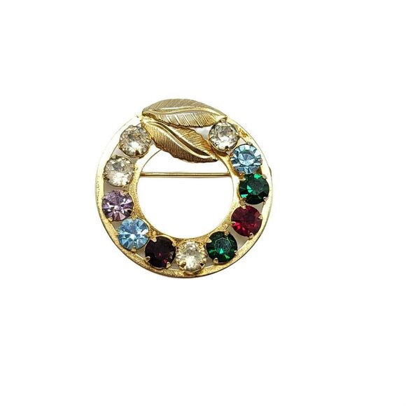 12k GF Gold Filled Multi-Color Rhinestone Brooch M - Picture 1 of 4